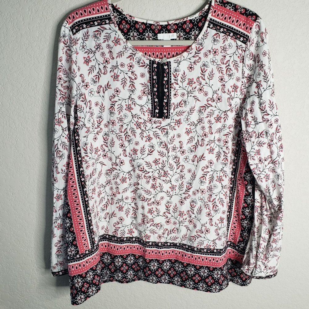 J Jill Woman's Size L BOHO Floral Print Long Sleeve Tunic 100% Rayon